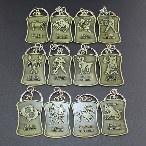 Hapiship Women/Men's Fashion Handmade Vintage Bronze 12 Zodiac Signs Key Chains Key Rings Alloy Charms Gifts YSEH07 Wholesale
