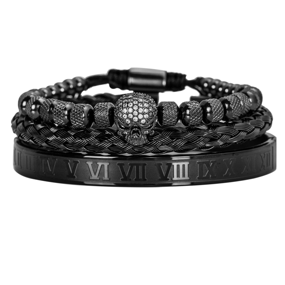 3pcs/Set Handmade Men Bracelet Micro Pave CZ Skeleton Skull Roman Numeral Hemp Rope Buckle Open Stainless Steel Bangles