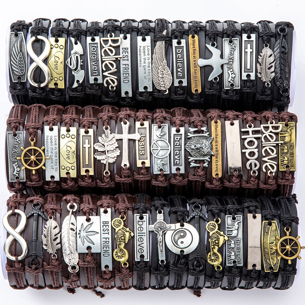 40 Style Vintage 2021 Leather Bracelets for Men Punk Black Brown Single layer Men's Stackable Bracelet Bangles Adjustable Jewelr