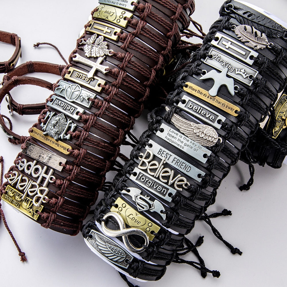 40 Style Vintage 2021 Leather Bracelets for Men Punk Black Brown Single layer Men's Stackable Bracelet Bangles Adjustable Jewelr