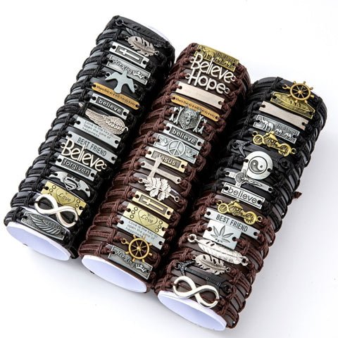 40 Style Vintage 2021 Leather Bracelets for Men Punk Black Brown Single layer Men's Stackable Bracelet Bangles Adjustable Jewelr