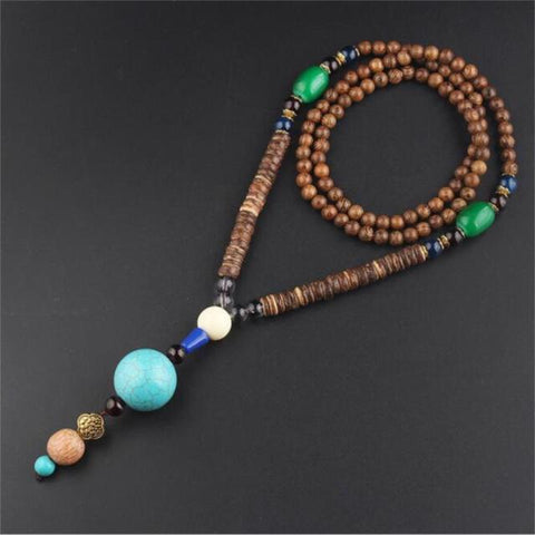 Unisex Handmade Necklace Nepal Buddhist Mala Wood Beads Pendant & Necklace Ethnic Fish Horn Long Statement Men Women's Jewelry