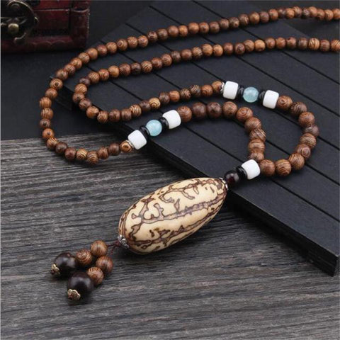 Unisex Handmade Necklace Nepal Buddhist Mala Wood Beads Pendant & Necklace Ethnic Fish Horn Long Statement Men Women's Jewelry