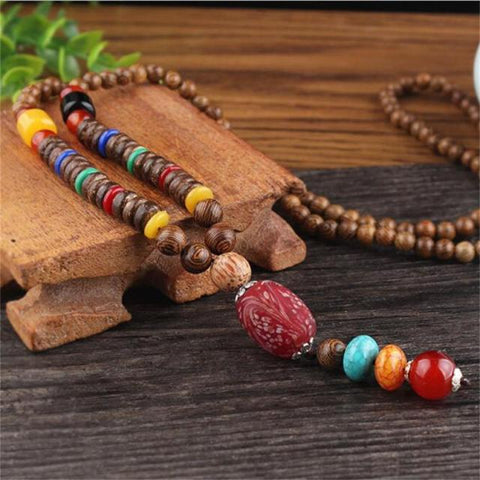 Unisex Handmade Necklace Nepal Buddhist Mala Wood Beads Pendant & Necklace Ethnic Fish Horn Long Statement Men Women's Jewelry