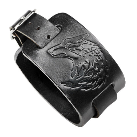 Male Black Brown Wolf Head Genuine Leather Bracelet Men Vintage Imprint Wide Bracelets Bangles Punk Rock Style Jewelry