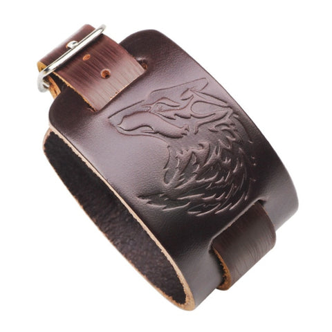 Male Black Brown Wolf Head Genuine Leather Bracelet Men Vintage Imprint Wide Bracelets Bangles Punk Rock Style Jewelry