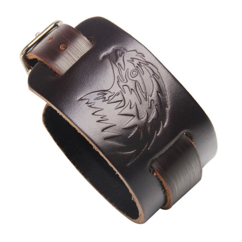 Male Black Brown Wolf Head Genuine Leather Bracelet Men Vintage Imprint Wide Bracelets Bangles Punk Rock Style Jewelry