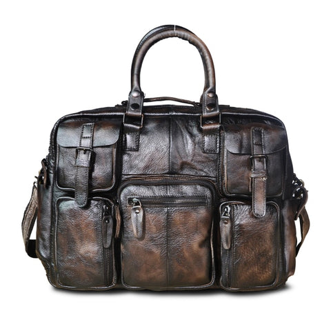 Men Real Leather Antique Large Capacity Travel Briefcase Business 15.6&quot; Laptop Case Attache Messenger Bag Portfolio 3061-b