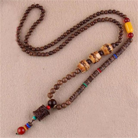 Unisex Handmade Necklace Nepal Buddhist Mala Wood Beads Pendant & Necklace Ethnic Fish Horn Long Statement Men Women's Jewelry