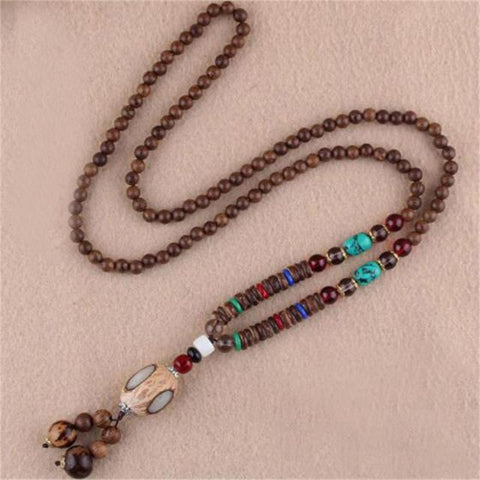 Unisex Handmade Necklace Nepal Buddhist Mala Wood Beads Pendant & Necklace Ethnic Fish Horn Long Statement Men Women's Jewelry