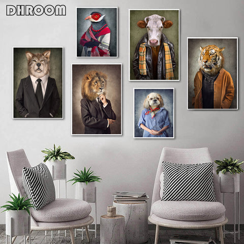 Canvas Painting Animals In Cloth Retro Style Wall Art Lion Wears A Suit Poster Wolf Elephant Print Picture for Living Room Decor