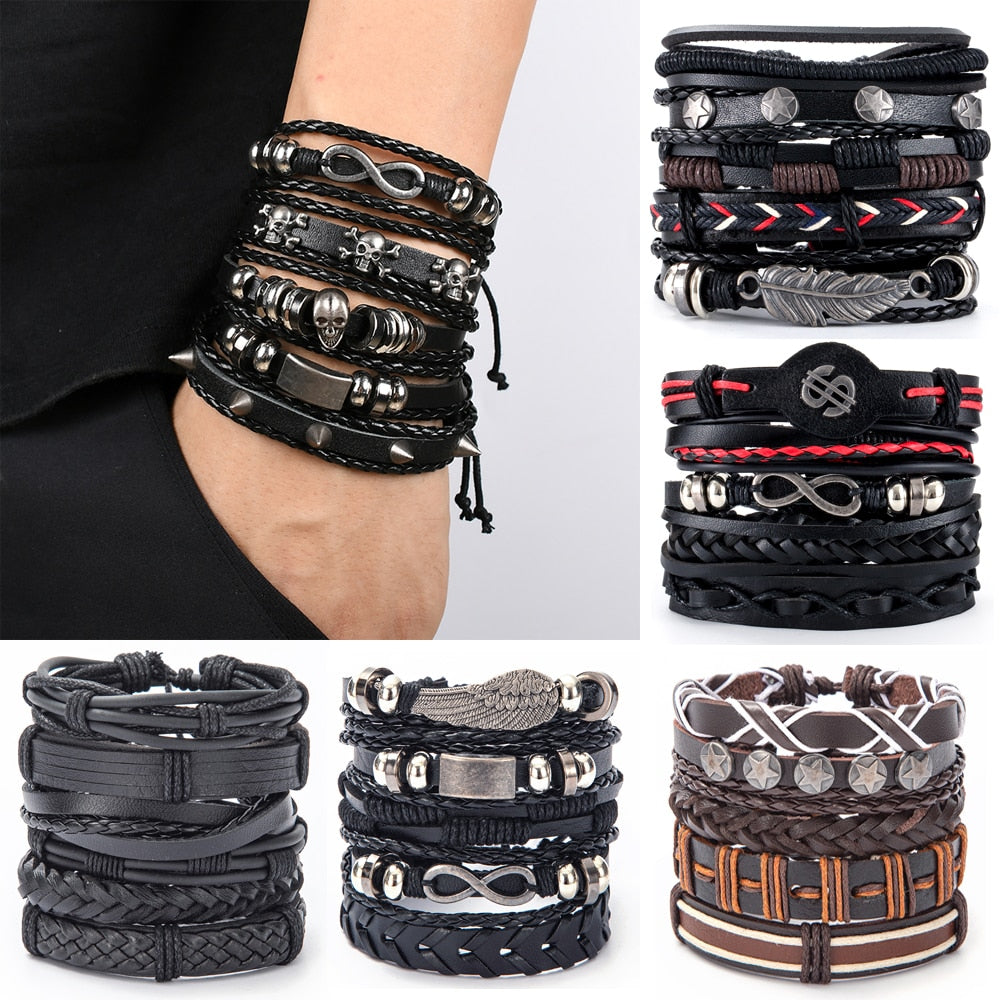 Eif Dock Vinatge Gothic Punk Skull Star Metal Multilayer Leather Bracelet Men Bracelets & Bangles Male Arm Jewelry wholesale