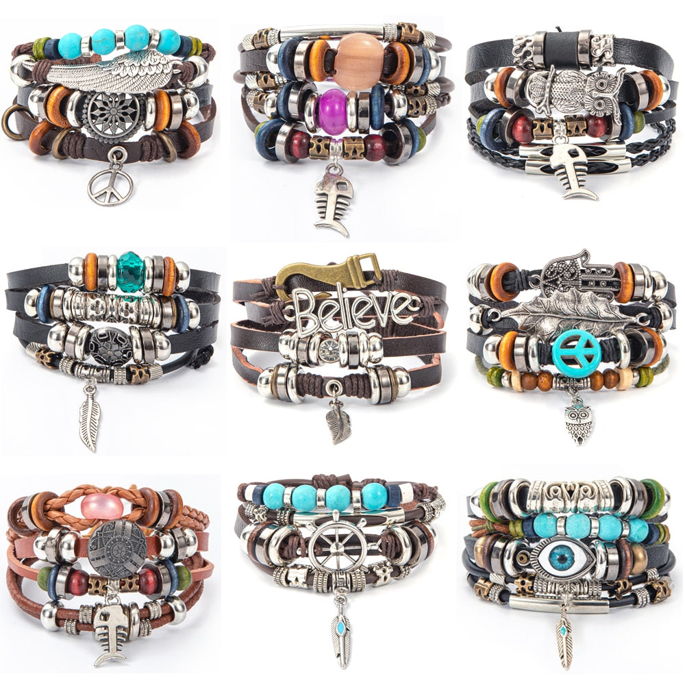 Eif Dock Owl Evil Eye Feather Leather Bracelets Handmade Jewelry Bohemian Style Beaded Multi-layer Wrap Bracelet Women Gifts