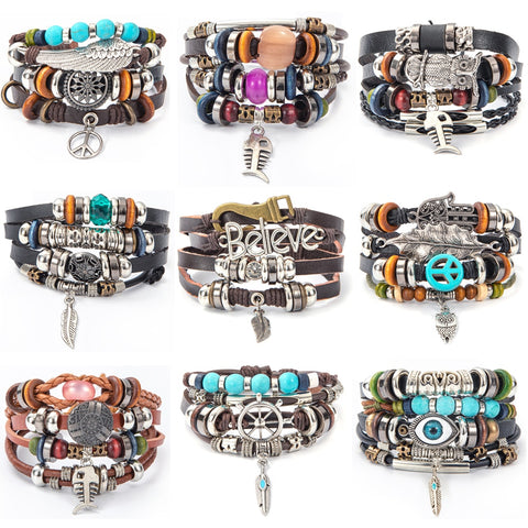 Eif Dock Owl Evil Eye Feather Leather Bracelets Handmade Jewelry Bohemian Style Beaded Multi-layer Wrap Bracelet Women Gifts