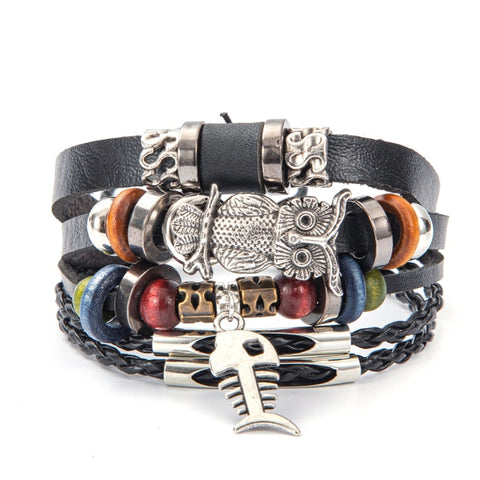 Eif Dock Owl Evil Eye Feather Leather Bracelets Handmade Jewelry Bohemian Style Beaded Multi-layer Wrap Bracelet Women Gifts