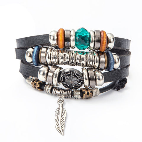 Eif Dock Owl Evil Eye Feather Leather Bracelets Handmade Jewelry Bohemian Style Beaded Multi-layer Wrap Bracelet Women Gifts