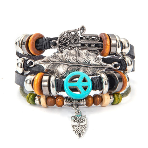 Eif Dock Owl Evil Eye Feather Leather Bracelets Handmade Jewelry Bohemian Style Beaded Multi-layer Wrap Bracelet Women Gifts