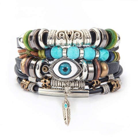 Eif Dock Owl Evil Eye Feather Leather Bracelets Handmade Jewelry Bohemian Style Beaded Multi-layer Wrap Bracelet Women Gifts