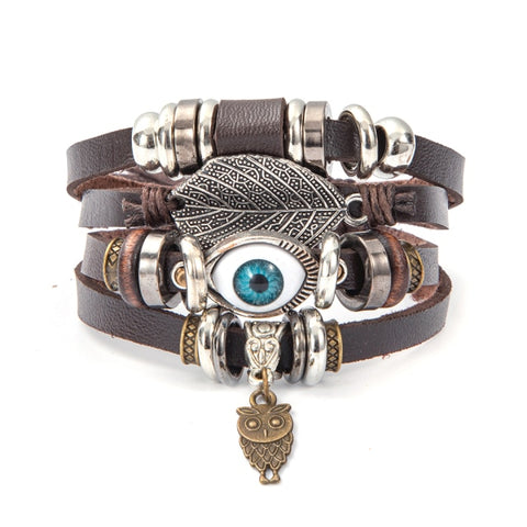 Eif Dock Owl Evil Eye Feather Leather Bracelets Handmade Jewelry Bohemian Style Beaded Multi-layer Wrap Bracelet Women Gifts