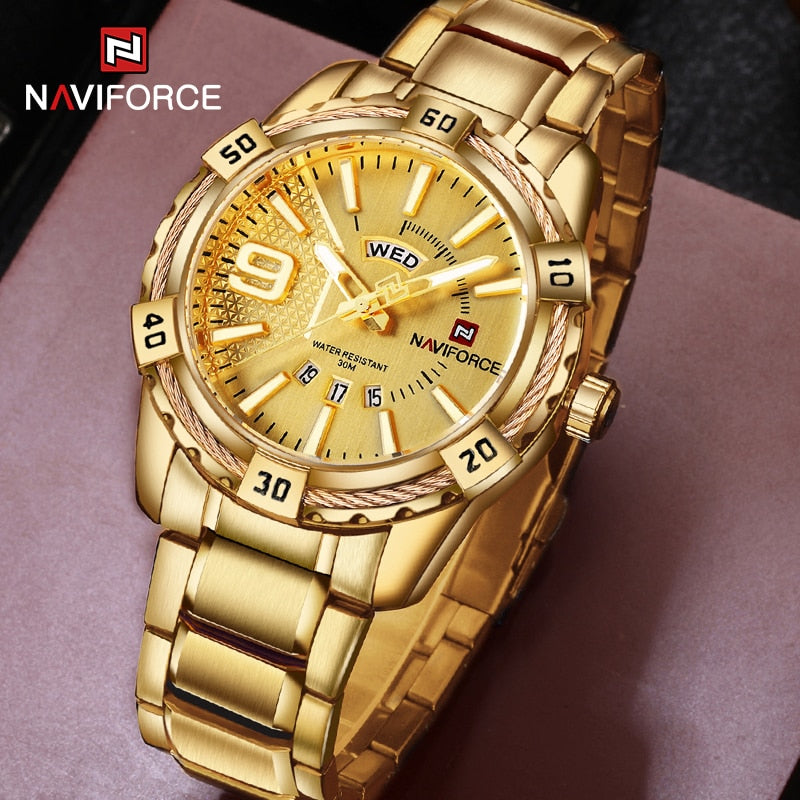 NAVIFORCE Luxury Brand Mens Sport Watch Gold Full Steel Quartz Watches Men Date Waterproof Military Clock Man relogio masculino