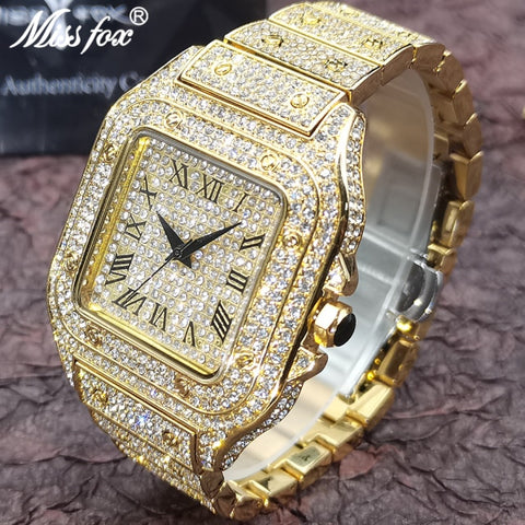 MISSFOX Hip Hop Square Men Watches Top Business Brand Iced Out Quartz Roman AAA Watch Luxury 18K Gold Clocks Relógio masculino