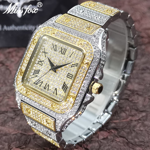 MISSFOX Hip Hop Square Men Watches Top Business Brand Iced Out Quartz Roman AAA Watch Luxury 18K Gold Clocks Relógio masculino