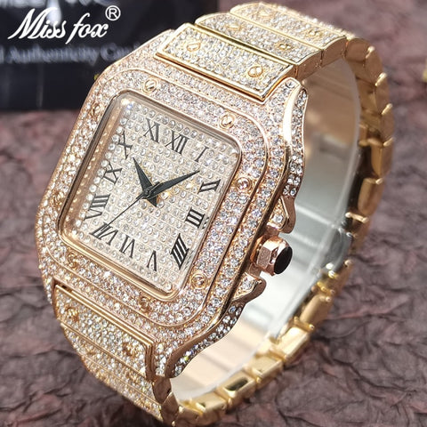 MISSFOX Hip Hop Square Men Watches Top Business Brand Iced Out Quartz Roman AAA Watch Luxury 18K Gold Clocks Relógio masculino