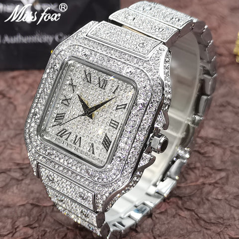 MISSFOX Hip Hop Square Men Watches Top Business Brand Iced Out Quartz Roman AAA Watch Luxury 18K Gold Clocks Relógio masculino