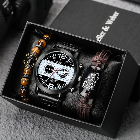 Men Watch Luxury Set Wolf Bracelet Black Quartz Watches Crown Bead Bracelets Male Wristwatch Gift Boyfriend Husband Reloj Hombre