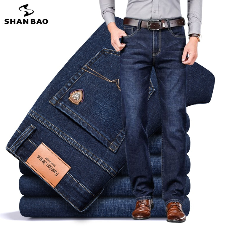 SHAN BAO 2021 autumn spring fitted straight stretch denim jeans classic style badge youth men&#39;s business casual jeans trousers