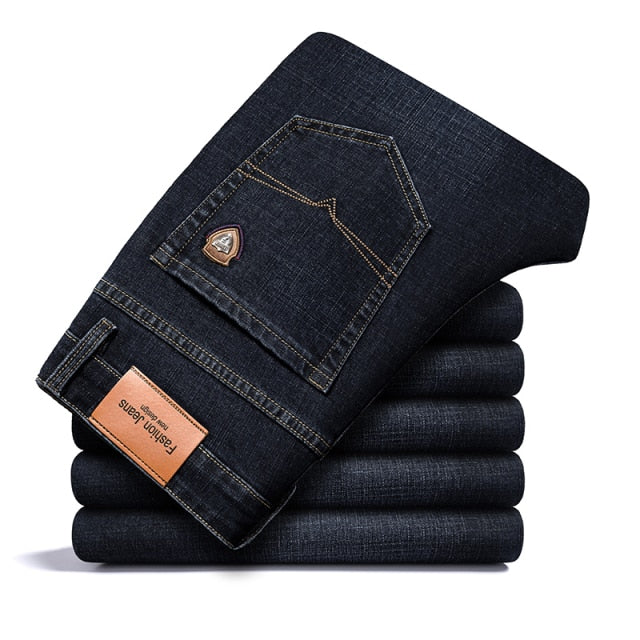 SHAN BAO 2021 autumn spring fitted straight stretch denim jeans classic style badge youth men&#39;s business casual jeans trousers