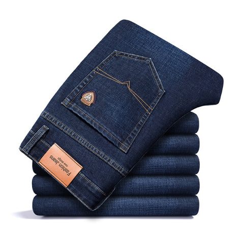 SHAN BAO 2021 autumn spring fitted straight stretch denim jeans classic style badge youth men&#39;s business casual jeans trousers