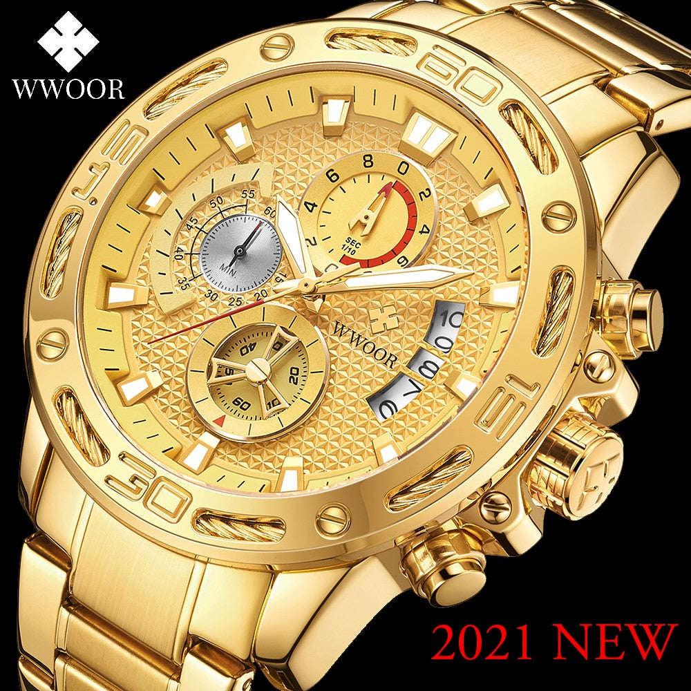 WWOOR 2021 Fashion Mens Watches Top Brand Luxury Gold Full Steel Quartz Watch Men Waterproof Sport Chronograph Relogio Masculino