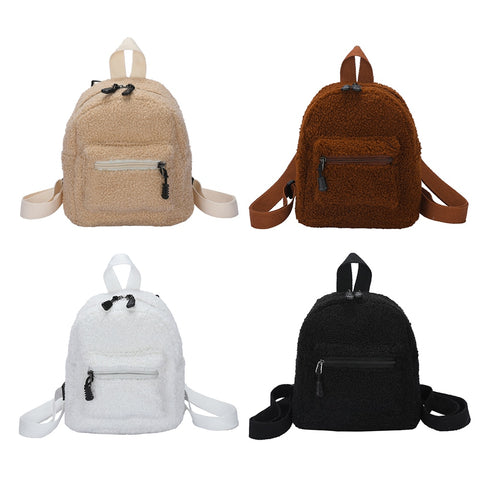 Vintage Lamb Wool Solid Color Backpack Women Autumn Winter Mini Daily Knapsack Female Preppy Style Casual Rucksacks