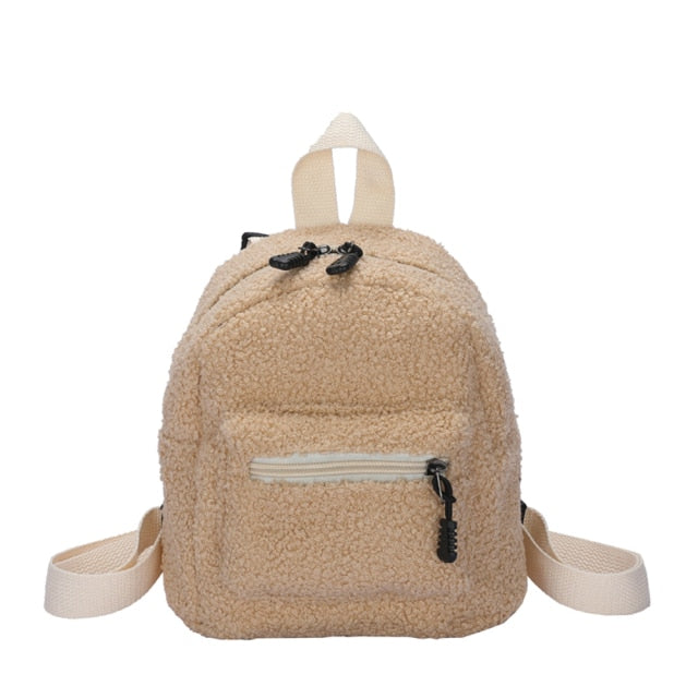 Vintage Lamb Wool Solid Color Backpack Women Autumn Winter Mini Daily Knapsack Female Preppy Style Casual Rucksacks