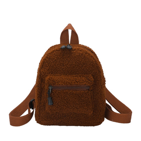 Vintage Lamb Wool Solid Color Backpack Women Autumn Winter Mini Daily Knapsack Female Preppy Style Casual Rucksacks