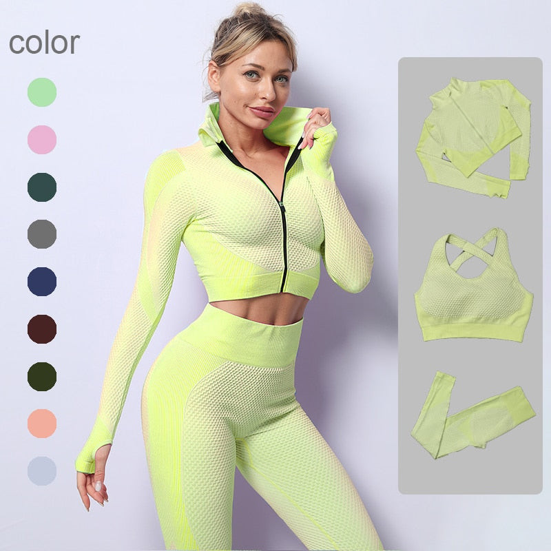 Seamless Women Yoga Set Gym Clothing LongSleeve Crop Top High Waist Leggings Workout Sportswear Fitness Sport Suit Yoga Clothing