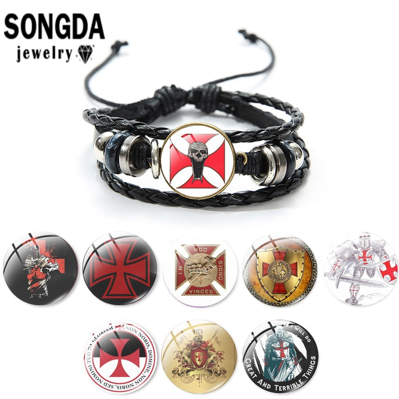 SONGDA Leather Bracelet Templar Cross Pattern Glass Cabochon Black Bracelet Templar Knight Adjustable Fashion Bracelet Trinkets