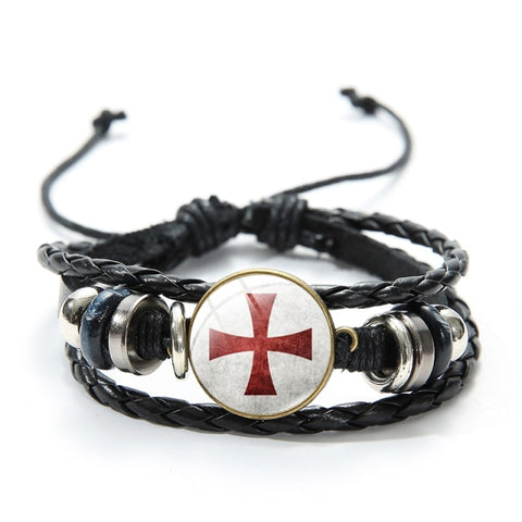 SONGDA Leather Bracelet Templar Cross Pattern Glass Cabochon Black Bracelet Templar Knight Adjustable Fashion Bracelet Trinkets