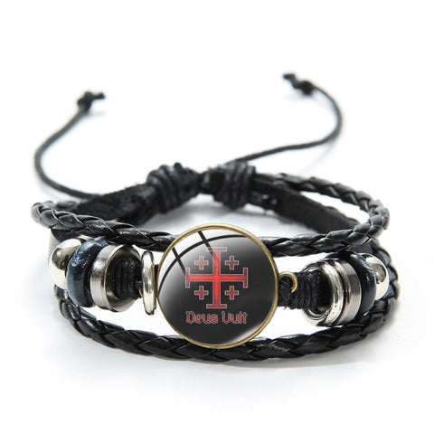 SONGDA Leather Bracelet Templar Cross Pattern Glass Cabochon Black Bracelet Templar Knight Adjustable Fashion Bracelet Trinkets