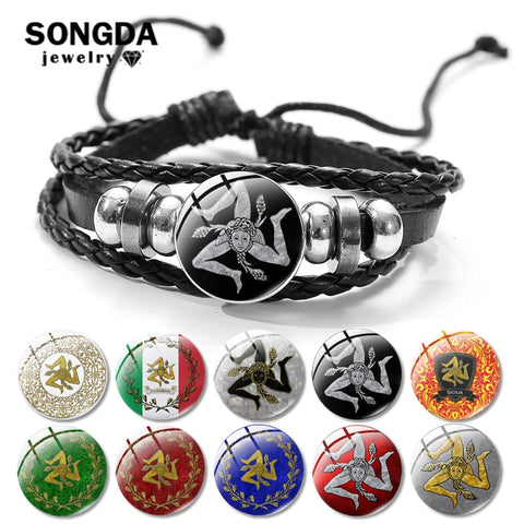 SONGDA Sicilian Pride Trinacria Leather Bracelets for Girls Glass Badges Couple Bangle Wristband Men's Accessories Dropshopper