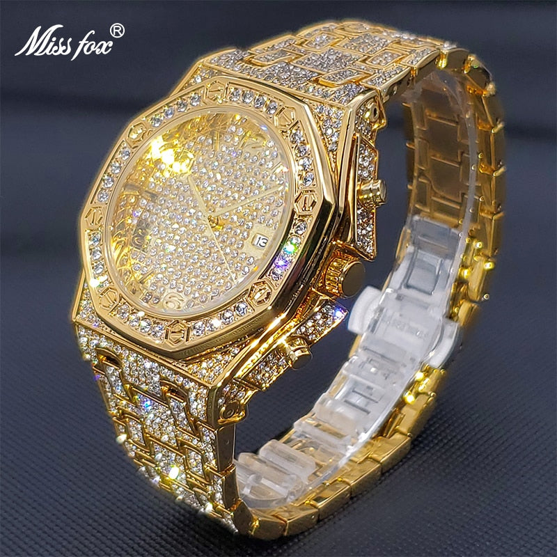 Waterproof Watches For Men Luxury Brand MISSFOX Classic Gold Diamond Watch With Auto Calendar Large Clock Look Like Expensive