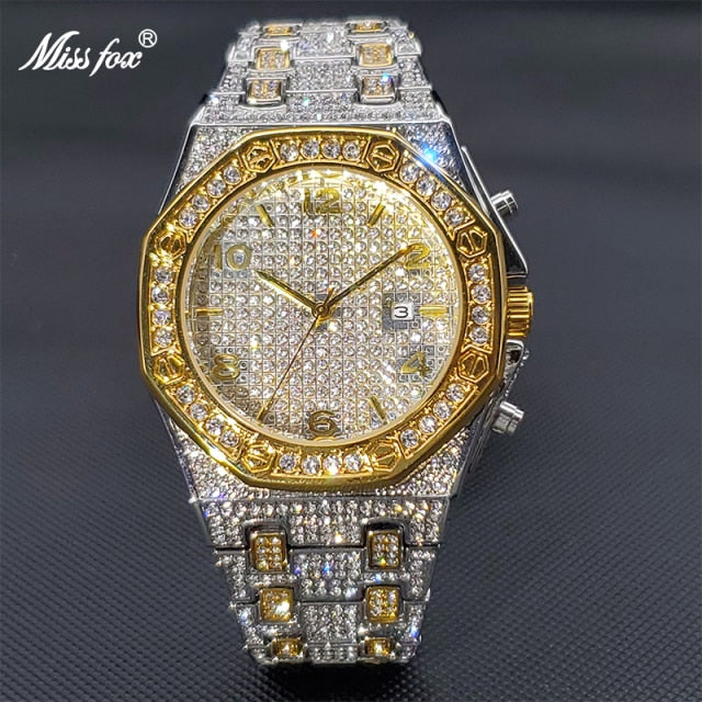 Waterproof Watches For Men Luxury Brand MISSFOX Classic Gold Diamond Watch With Auto Calendar Large Clock Look Like Expensive