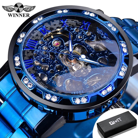 Winner Transparent Fashion Diamond Luminous Gear Movement Royal Design Men Top Brand Luxury Male Mechanical Skeleton Wrist Watch