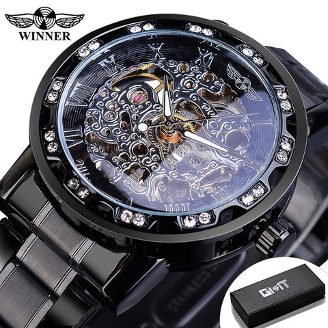 Winner Transparent Fashion Diamond Luminous Gear Movement Royal Design Men Top Brand Luxury Male Mechanical Skeleton Wrist Watch