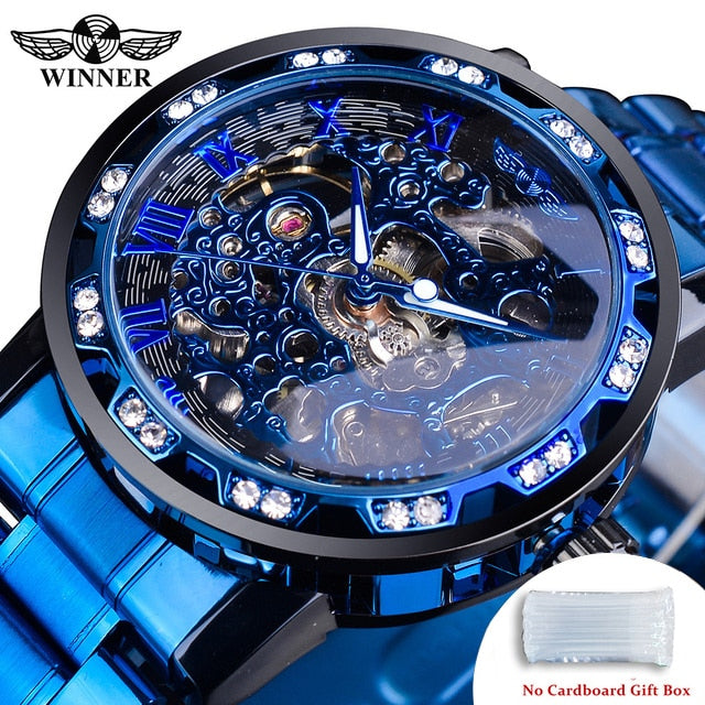 Winner Transparent Fashion Diamond Luminous Gear Movement Royal Design Men Top Brand Luxury Male Mechanical Skeleton Wrist Watch