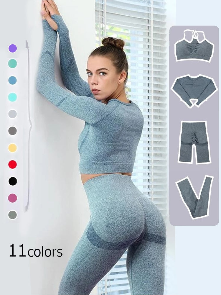 CHRLEISURE 2/3/4PCS Sports Suits Fitness Seamless Women Yoga Set Workout Shockproof Sports Bra High Waist Shorts Gym Leggings