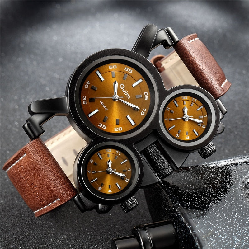 Oulm Quartz Clock 1167 New Punk Style Men Sport Watch Unique Design 3 Time Zone Watches Genuine Leather Strap Man Wristwatch