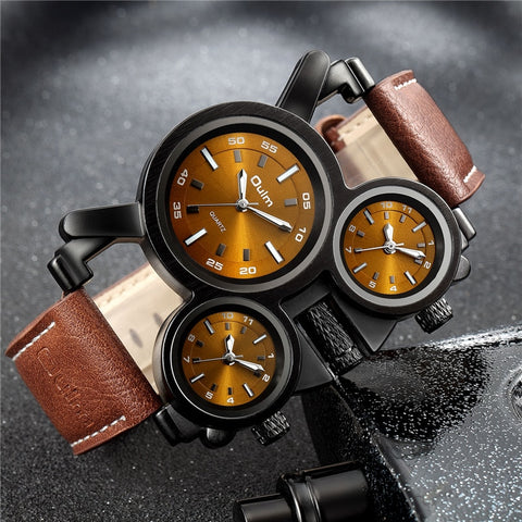 Oulm Quartz Clock 1167 New Punk Style Men Sport Watch Unique Design 3 Time Zone Watches Genuine Leather Strap Man Wristwatch