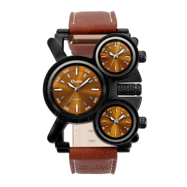 Oulm Quartz Clock 1167 New Punk Style Men Sport Watch Unique Design 3 Time Zone Watches Genuine Leather Strap Man Wristwatch